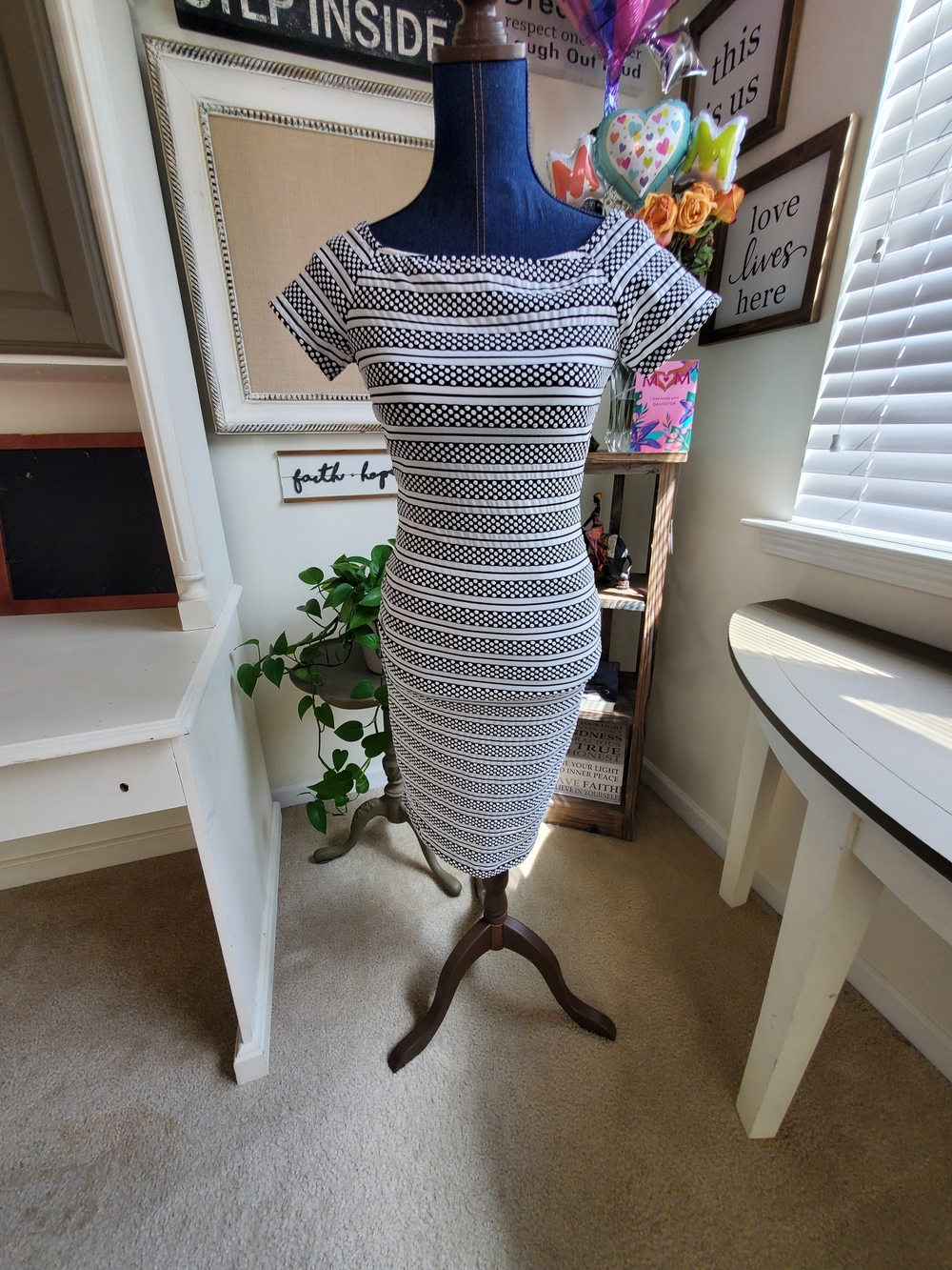 Bisou Bisou Black and White Striped Midi Bodycon Dress